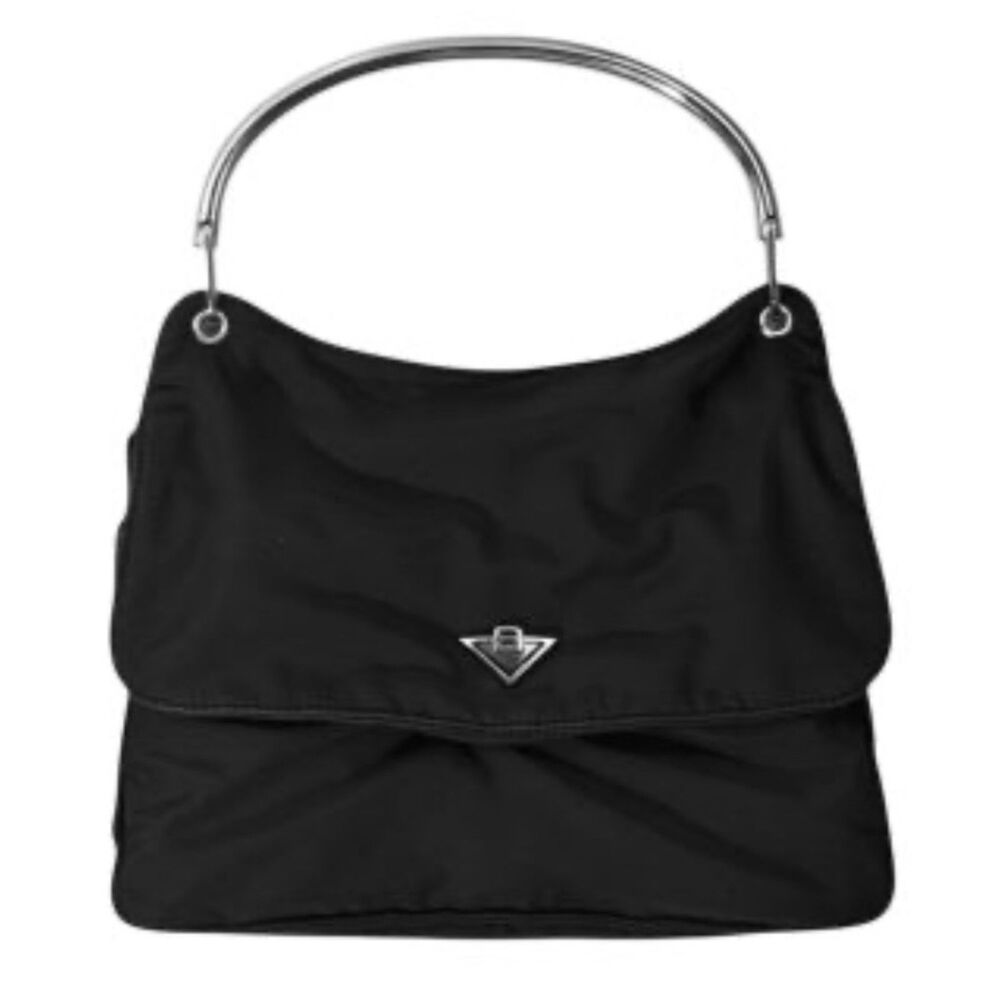 Bottega Veneta Black Nylon Shoulder Bag Silver Metal Handle Y2K